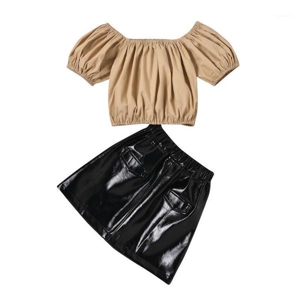 summer fashionable little girls outfit solid color off shoulder puff short sleeve lantern + leather skirt 2pcs set, White
summer fashionable little girls outfit solid color off shoulder puff short sleeve lantern + leather skirt 2pcs set, White