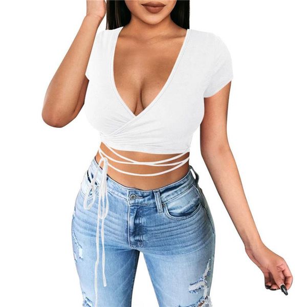 women's t-shirt summer women solid color short sleeve v-neck crop fashion lace-up exposed navel for ladies female, White
women's t-shirt summer women solid color short sleeve v-neck crop fashion lace-up exposed navel for ladies female, White