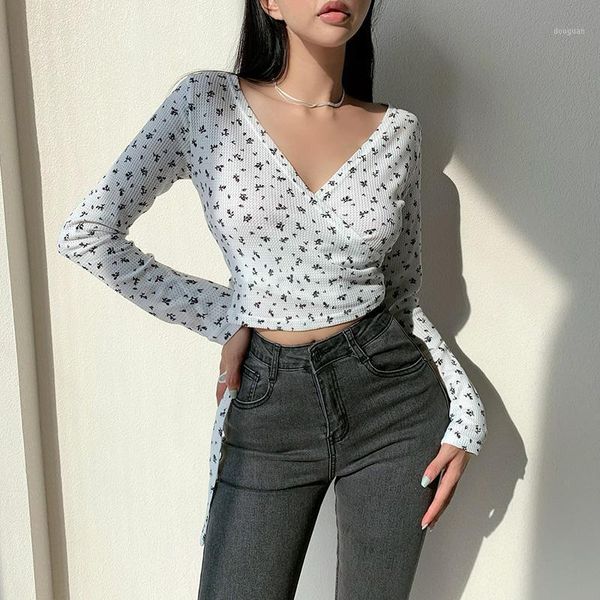 women's t-shirt women crossover front florals print wrap long sleeved waffle crop with tie hem s881, White
women's t-shirt women crossover front florals print wrap long sleeved waffle crop with tie hem s881, White