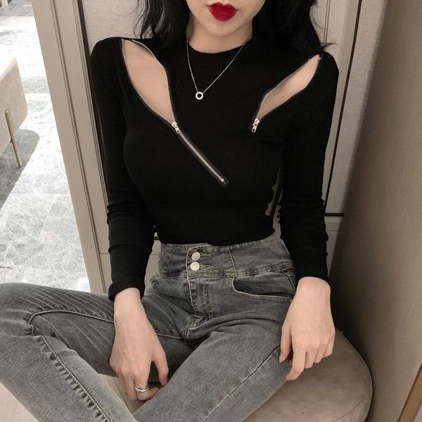 women's sweaters woman chandails autumn knitted irregular zipper scheming off-shoulder t-shirt for women, White;black
women's sweaters woman chandails autumn knitted irregular zipper scheming off-shoulder t-shirt for women, White;black
