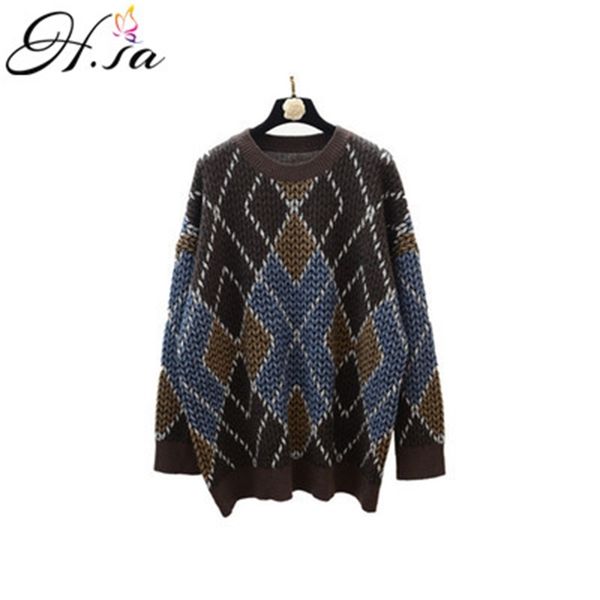 h.sa women winter and pullovers o neck argyle pull jumpers oversized vintage sweater chic knitwear steetwear 210417, White;black
h.sa women winter and pullovers o neck argyle pull jumpers oversized vintage sweater chic knitwear steetwear 210417, White;black