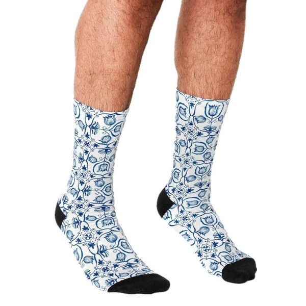 men's socks funny men's delft blue tulips pattern printed hip hop men happy cute boys street style crazy novelty for, Black 
men's socks funny men's delft blue tulips pattern printed hip hop men happy cute boys street style crazy novelty for, Black