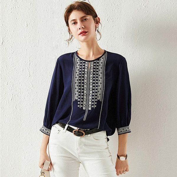 women's blouses & shirts 100% silk blouse women shirt casual style solid embroidery o neck three-quarter sleeve elegant fashion, White
women's blouses & shirts 100% silk blouse women shirt casual style solid embroidery o neck three-quarter sleeve elegant fashion, White
