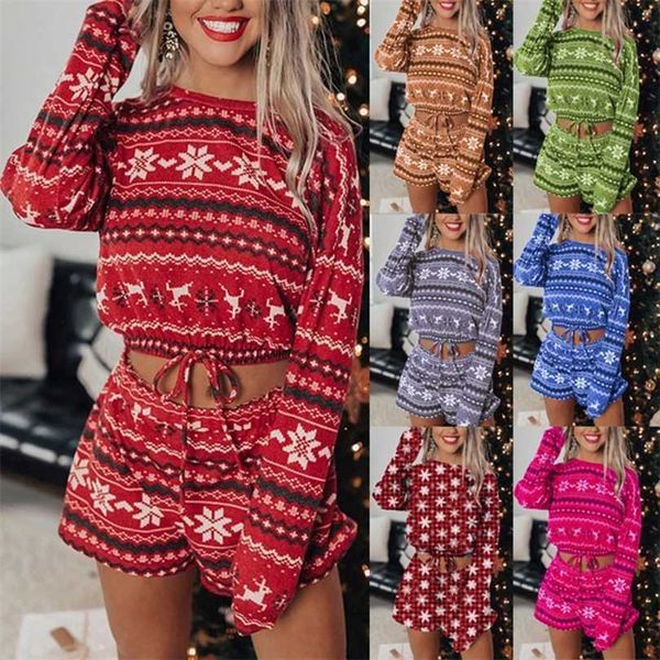women christmas pajama sets long sleeve crop shorts 2pcs xmas snowflake print knit fall homewear 211126, Black;red 
women christmas pajama sets long sleeve crop shorts 2pcs xmas snowflake print knit fall homewear 211126, Black;red