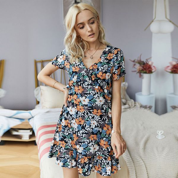 2021 new women's summer v-neck print ladies casual ruffles short sleeve above knee mini dress, Black;gray
2021 new women's summer v-neck print ladies casual ruffles short sleeve above knee mini dress, Black;gray