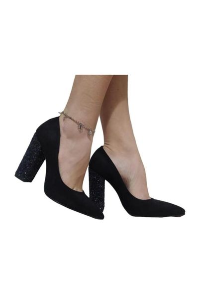 women's black detailed thick heels shoes dress