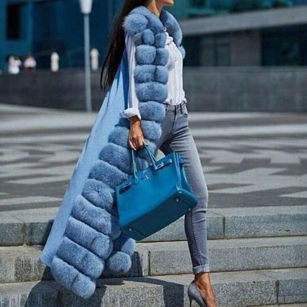 women's fur & faux natural vest x-long ladies women long gilet, Black