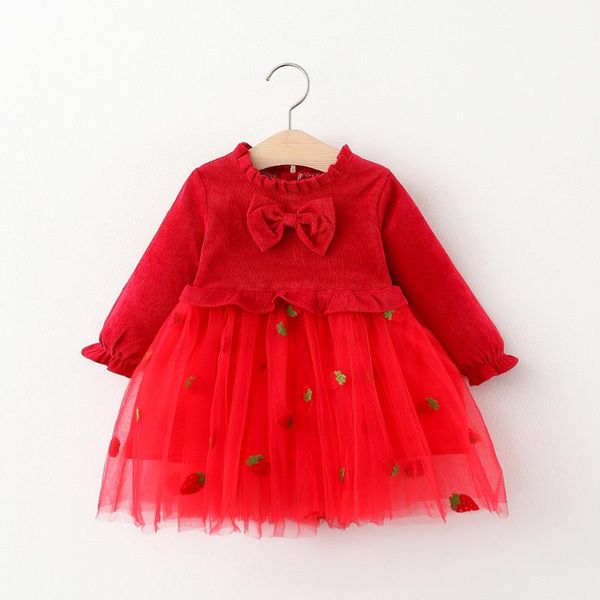 girl's dresses 2021autumn baby girls bow strawberry dress corduroy, Red;yellow