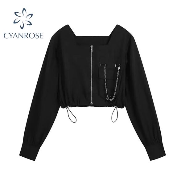 black white punk crop tee zipper chain hem elastic lace up short t shirt square collar lady gothic streetwear fashion casual 210430
black white punk crop tee zipper chain hem elastic lace up short t shirt square collar lady gothic streetwear fashion casual 210430