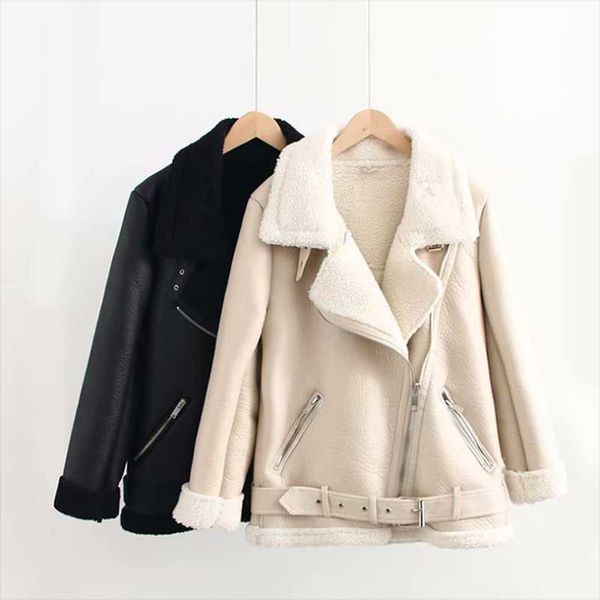women's leather & faux jacket women winter lamb wool turn-down fur collar long sleeve pu moto zipper keep warm thick coat overcoats, Black
women's leather & faux jacket women winter lamb wool turn-down fur collar long sleeve pu moto zipper keep warm thick coat overcoats, Black