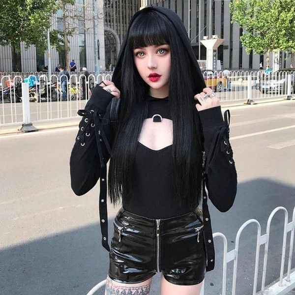 dark gothic style t shirt women long sleeve crop solid color hooded tee shirts bandage short cosplay clothes women's t-shirt, White
dark gothic style t shirt women long sleeve crop solid color hooded tee shirts bandage short cosplay clothes women's t-shirt, White