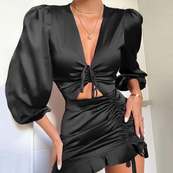 casual dresses deep v-neck party dress women satin lace up ruffles holow out ruched female vestido elegant slim mini, Black;gray
casual dresses deep v-neck party dress women satin lace up ruffles holow out ruched female vestido elegant slim mini, Black;gray