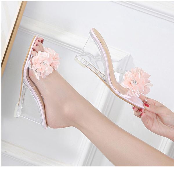 female sandals wedges slipper women 2021 high-heeled 8cm flowers slippers transparent crystal summer shoes large size, Black 
female sandals wedges slipper women 2021 high-heeled 8cm flowers slippers transparent crystal summer shoes large size, Black