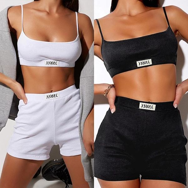 women's tracksuits summer women set spaghetti strap crop and mini biker shorts embroidered two piece sets, Gray 
women's tracksuits summer women set spaghetti strap crop and mini biker shorts embroidered two piece sets, Gray
