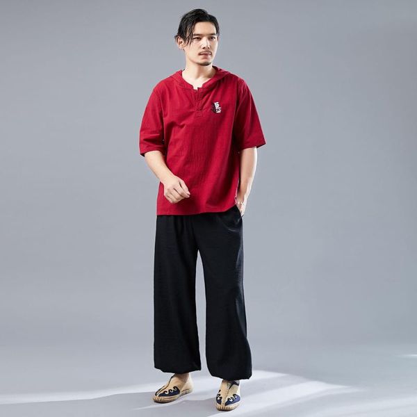 chinese style cotton and linen short-sleeved embroidery men's t-shirt with hood casual t-shirts, White;black
chinese style cotton and linen short-sleeved embroidery men's t-shirt with hood casual t-shirts, White;black