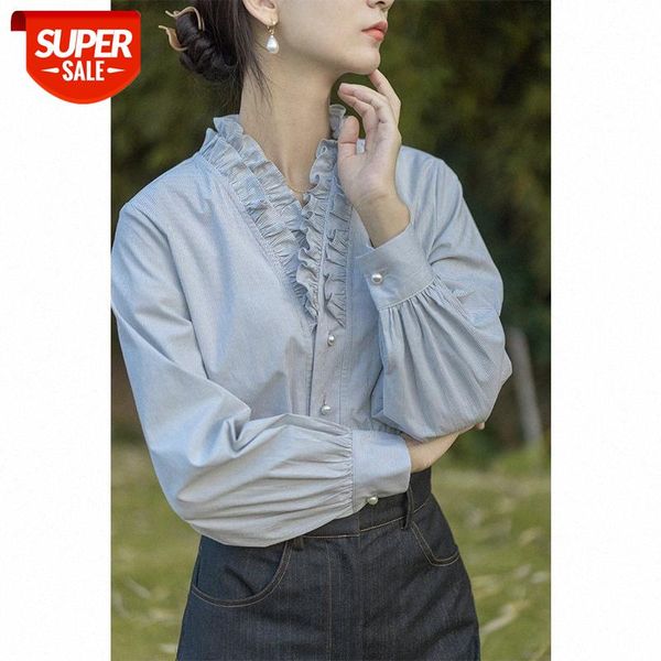 ruffled striped shirt, french design, small stand-up collar women's long-sleeved net red tide #iz2m, White
ruffled striped shirt, french design, small stand-up collar women's long-sleeved net red tide #iz2m, White