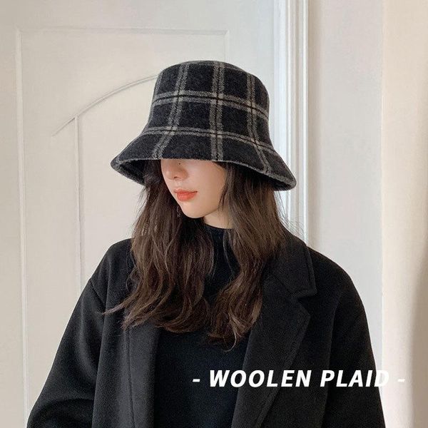 wide brim hats 2021 winter for women plaid bucket thick wool female woolen fisherman cap black yellow autumn, Blue;gray 
wide brim hats 2021 winter for women plaid bucket thick wool female woolen fisherman cap black yellow autumn, Blue;gray