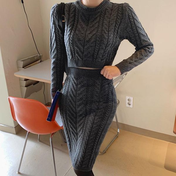 two piece dress winter sweater sets grey full sleeve slim crop bodycon midi skirt women's knitted suit, White
two piece dress winter sweater sets grey full sleeve slim crop bodycon midi skirt women's knitted suit, White