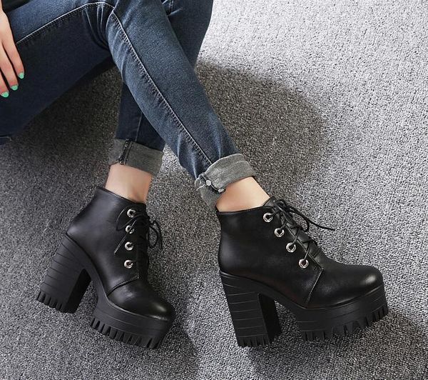 boots women shoelaces black leather ankle booties chunky high-heeled thick bottom waterproof punk short spring