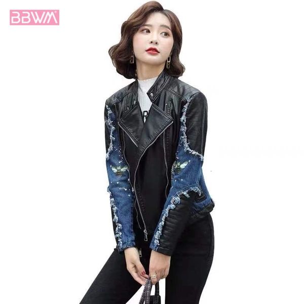 jackets women stand collar long sleeve short denim stitching leather faux jacket coat vintage slim locomotive chic female, Black;brown
jackets women stand collar long sleeve short denim stitching leather faux jacket coat vintage slim locomotive chic female, Black;brown