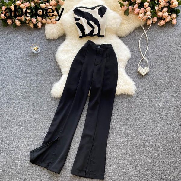 women's two piece pants women summer fashion korean set off shoulder slim print strapless high waist split long suits, White
women's two piece pants women summer fashion korean set off shoulder slim print strapless high waist split long suits, White