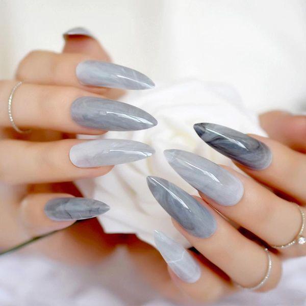 24pcs/kit extra long marble stiletto nails dark grey pointed artificial pre-designed nail diy lady tips with glue sticker z8831, Red;gold