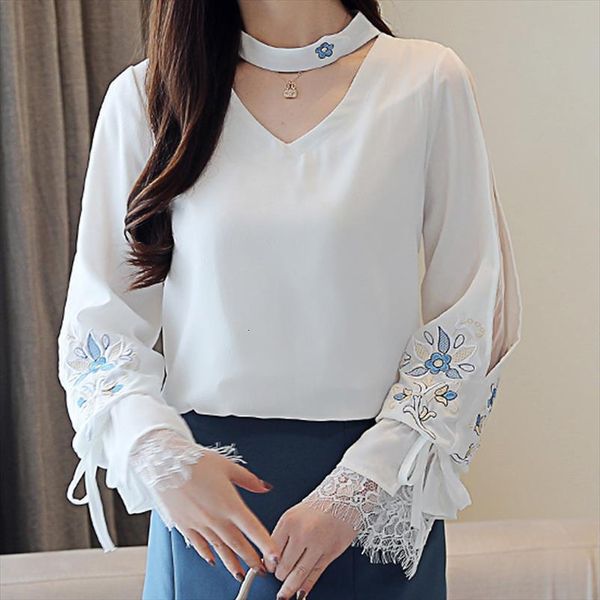 korean style spring autumn embroidered women blouses lace sleeves long sleeved chiffon fresh white 807a3
korean style spring autumn embroidered women blouses lace sleeves long sleeved chiffon fresh white 807a3