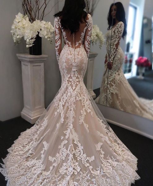 chic illusion long sleeves lace mermaid wedding dresses bride champagne tulle appliques court train v neck bridal formal gowns button back s, White
chic illusion long sleeves lace mermaid wedding dresses bride champagne tulle appliques court train v neck bridal formal gowns button back s, White