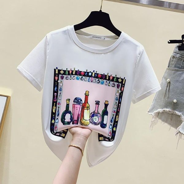 women's t-shirt fashion cartoon glass bottle print ice silk cotton t shirt woman slim short sleeve o-neck summer clothes for women, White
women's t-shirt fashion cartoon glass bottle print ice silk cotton t shirt woman slim short sleeve o-neck summer clothes for women, White