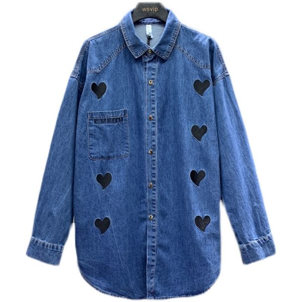 women high street blue denim love embroidery loose long sleeve single-breasted shirt b3999 210514, White
women high street blue denim love embroidery loose long sleeve single-breasted shirt b3999 210514, White
