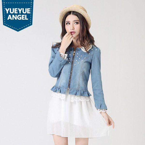 women long sleeve lace patchwork ruffles short shirt fashion pearls beading collar denim blouse casual slim fit jeans shirts women's bl, White
women long sleeve lace patchwork ruffles short shirt fashion pearls beading collar denim blouse casual slim fit jeans shirts women's bl, White