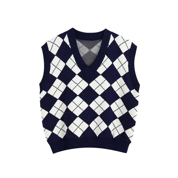 women fashion england style argyle pattern knitted vest sweater vintage sleeveless loose female waistcoat chic 210521, Black;white
women fashion england style argyle pattern knitted vest sweater vintage sleeveless loose female waistcoat chic 210521, Black;white