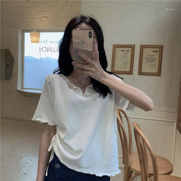 summer women's t-shirt korean version of personality v-neck fashion wood ears drawstring hem slim top, White
summer women's t-shirt korean version of personality v-neck fashion wood ears drawstring hem slim top, White