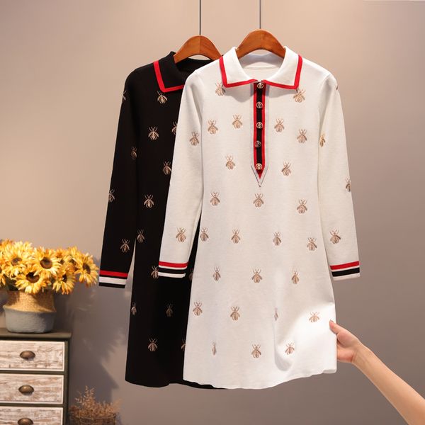 new fashion golden bees embroidery knitting dress women autumn winter turn-down collar simple runway knit slim dress, Black;gray
new fashion golden bees embroidery knitting dress women autumn winter turn-down collar simple runway knit slim dress, Black;gray
