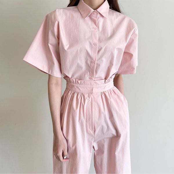 women pink temperament lapel single-breasted short-sleeved shirt + high waist loose wide-leg trousers summer 16f0888 210510, White
women pink temperament lapel single-breasted short-sleeved shirt + high waist loose wide-leg trousers summer 16f0888 210510, White