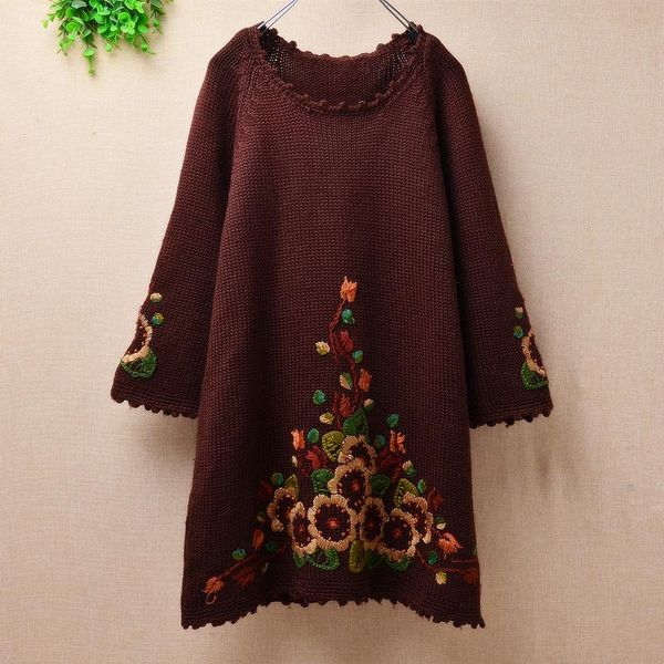 mujer vintage 100% wool o-neck hand knit floral crochet hook seven flare sleeved loose long pullover outwear winter jumper women's swea, White;black 
mujer vintage 100% wool o-neck hand knit floral crochet hook seven flare sleeved loose long pullover outwear winter jumper women's swea, White;black
