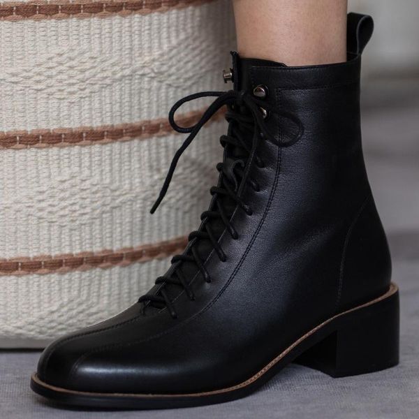 boots women's genuine leather thick med heel lace-up autumn ankle round toe cross strao rivet punk short motorcycle shoes, Black
boots women's genuine leather thick med heel lace-up autumn ankle round toe cross strao rivet punk short motorcycle shoes, Black