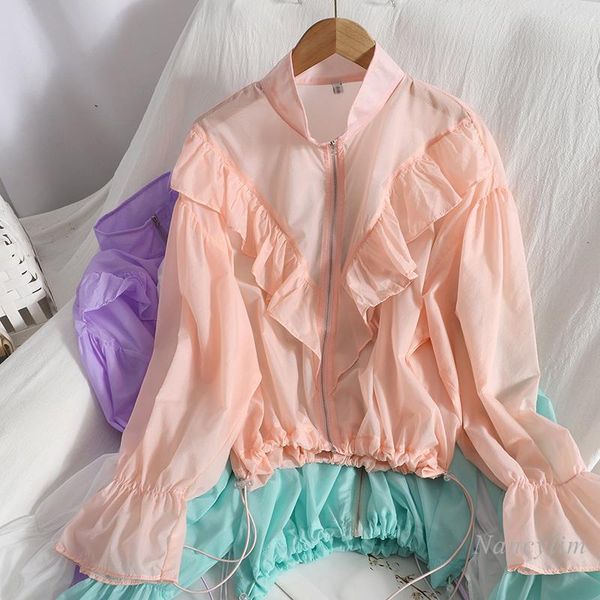 women's jackets stand collar ruffle thin summer zipper casual sports jacket drawstring street sun protection shirt femme students coats, Black;brown
women's jackets stand collar ruffle thin summer zipper casual sports jacket drawstring street sun protection shirt femme students coats, Black;brown