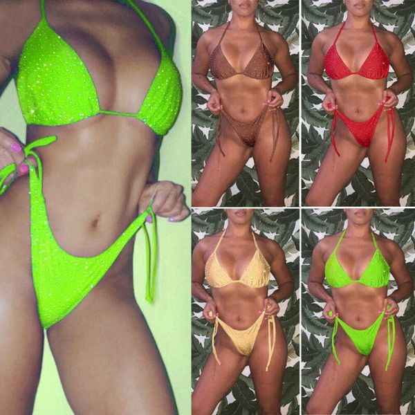 women's swimwear women 2-pcs bikini set sequin solid color wire-non-padded halter back straps tie bra high waist triangle panty swimsui, White;black
women's swimwear women 2-pcs bikini set sequin solid color wire-non-padded halter back straps tie bra high waist triangle panty swimsui, White;black