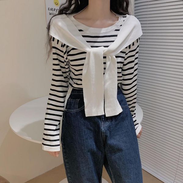 women preppy t-shirts knitted tees o-neck stripes long sleeve t-shirts with drawstring t-shirt for autumn 210518, White
women preppy t-shirts knitted tees o-neck stripes long sleeve t-shirts with drawstring t-shirt for autumn 210518, White