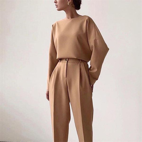women's two piece pants fashion solid set woman 2 pieces o- neck long-sleeve office shirt nine-point suit clothing with, White
women's two piece pants fashion solid set woman 2 pieces o- neck long-sleeve office shirt nine-point suit clothing with, White