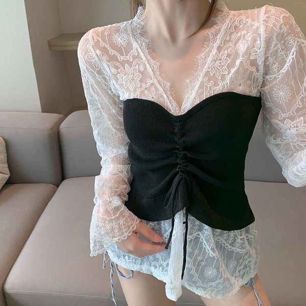 women's blouses & shirts vintage v-neck lace hollow out drawstring print patchwork shirt female design sense fake two-piece sun protect, White
women's blouses & shirts vintage v-neck lace hollow out drawstring print patchwork shirt female design sense fake two-piece sun protect, White
