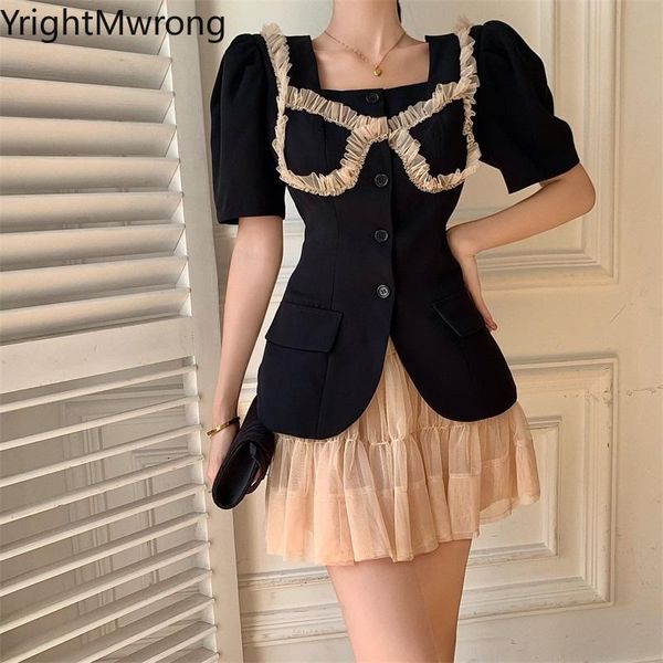 women's suits & blazers ruffle mesh gauze summer short sleeve button elegant black blazer suit office work business coat korean women o, White;black
women's suits & blazers ruffle mesh gauze summer short sleeve button elegant black blazer suit office work business coat korean women o, White;black