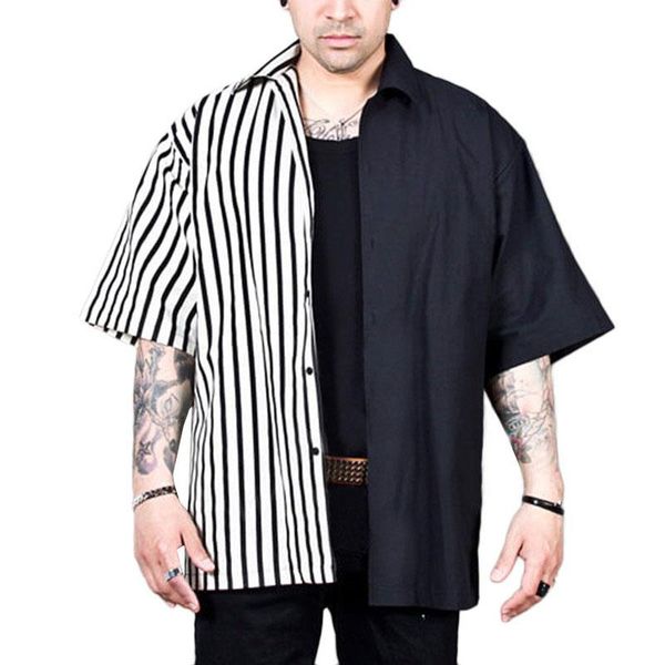 fashion striped patchwork men shirt personality short sleeve loose button casual brand shirts camisa masculina 2021 men's, White;black
fashion striped patchwork men shirt personality short sleeve loose button casual brand shirts camisa masculina 2021 men's, White;black