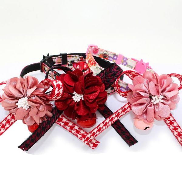 fashion flower print bowknot pet cat collar with bell female kitten neck strap detachable collars pets supply & leads