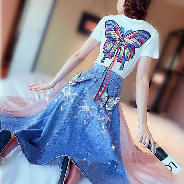 two piece dress summer two-piece female embroidered butterfly applique t-shirt + ladies sequin stitching denim skirt suit ns244, White
two piece dress summer two-piece female embroidered butterfly applique t-shirt + ladies sequin stitching denim skirt suit ns244, White