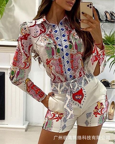 women's tracksuits white print short suit women 2021 summer with belt, Gray