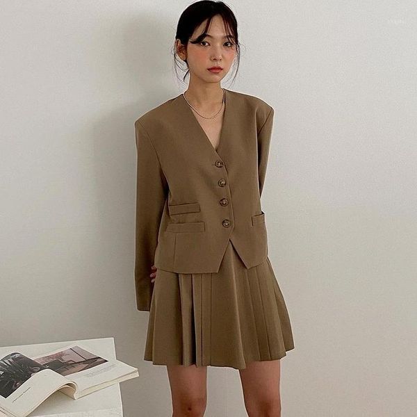 women's spring summer sets single button solid blazer pleated skirt suit two piece fashion dress, White
women's spring summer sets single button solid blazer pleated skirt suit two piece fashion dress, White