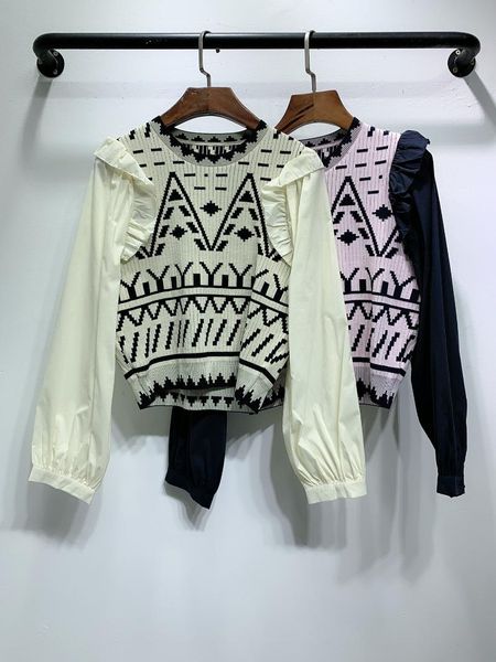 women's sweaters designer clothes round neck jacquard patchwork ruffles long sleeve pullover knitwear women, White;black
women's sweaters designer clothes round neck jacquard patchwork ruffles long sleeve pullover knitwear women, White;black