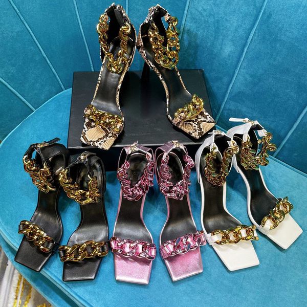21ss luxury genuine leather classic sandals chain 8.5cm high heeled gladiator women fine heel fashion party woman shoes slippers big size 35, Black
21ss luxury genuine leather classic sandals chain 8.5cm high heeled gladiator women fine heel fashion party woman shoes slippers big size 35, Black